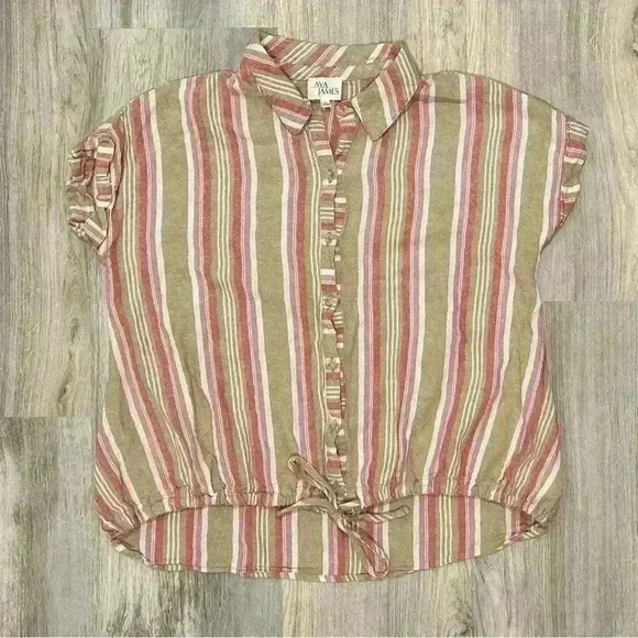 Ava James Linen Blend Short Sleeve Button Shirt Striped Drawstring Top Size M - Picture 1 of 6